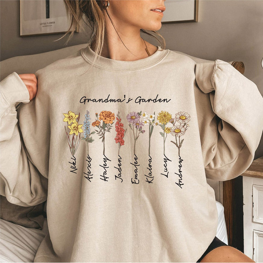 Custom Grandma's Mama's Garden Birth Flower Sweatshirt with Kid's Names HCMD22