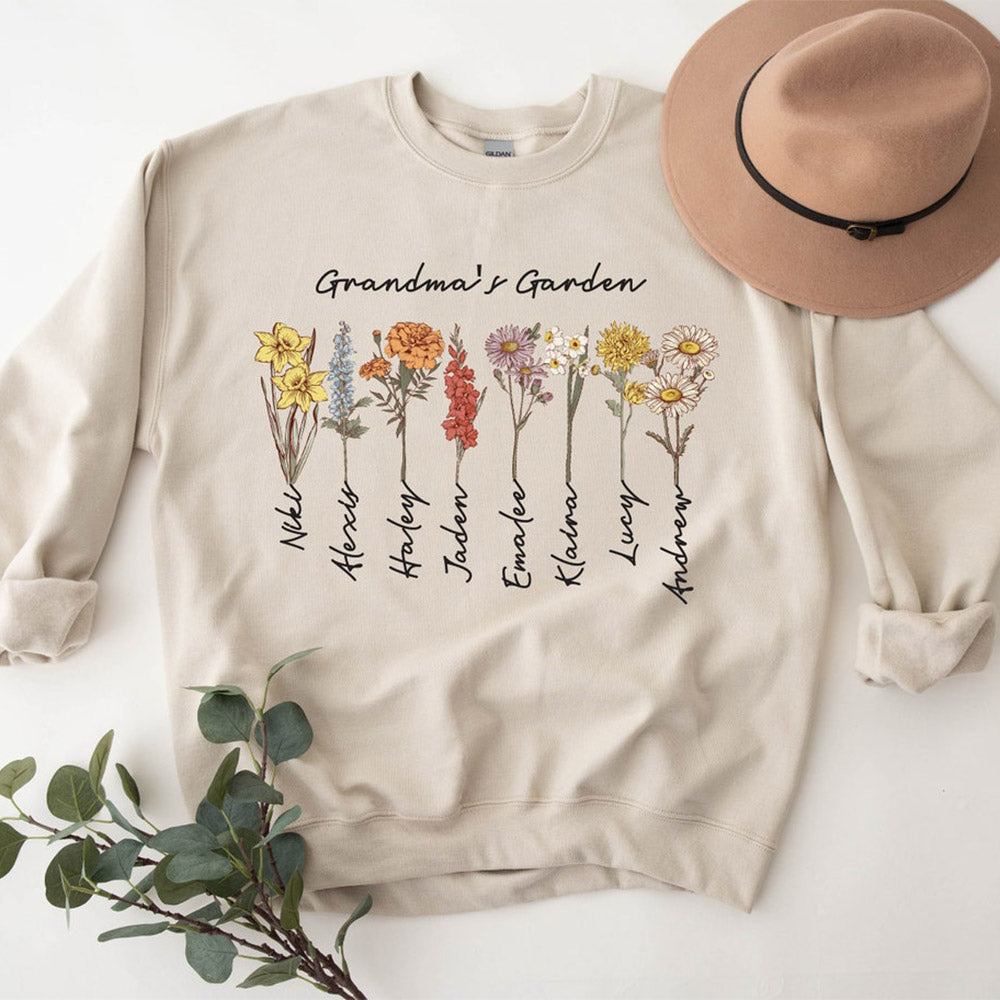 Custom Grandma's Mama's Garden Birth Flower Sweatshirt with Kid's Names HCMD22