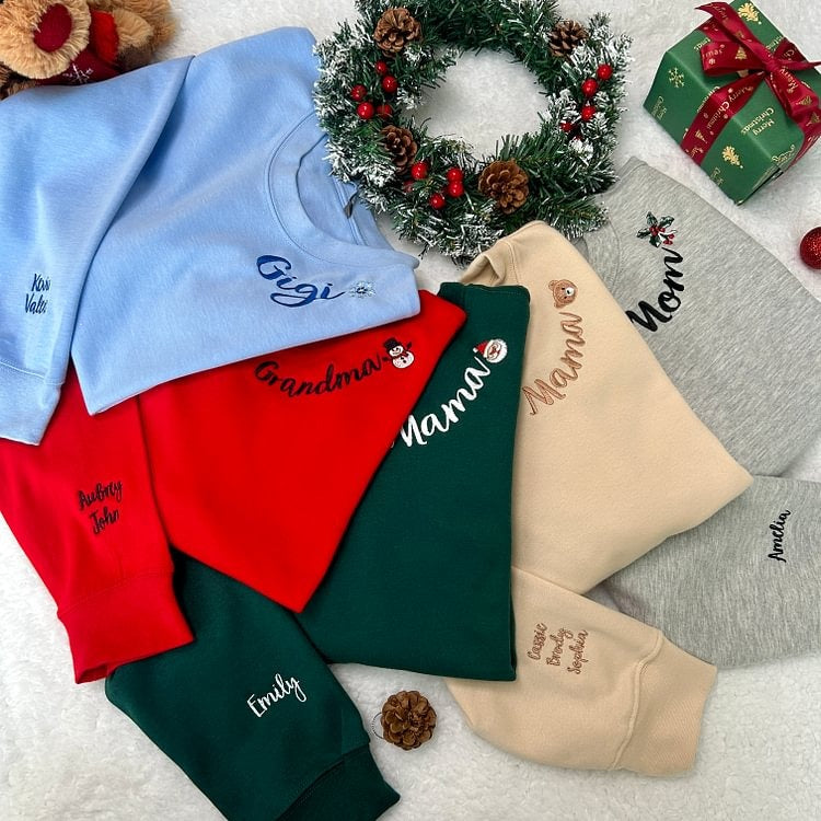 Custom Mama Christmas Embroidered Sweatshirt With Kids Names On Sleeve Personalized Gift For Moms HCMD0400
