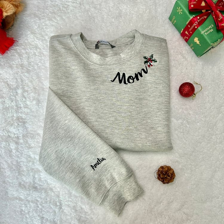 Custom Mama Christmas Embroidered Sweatshirt With Kids Names On Sleeve Personalized Gift For Moms HCMD0400