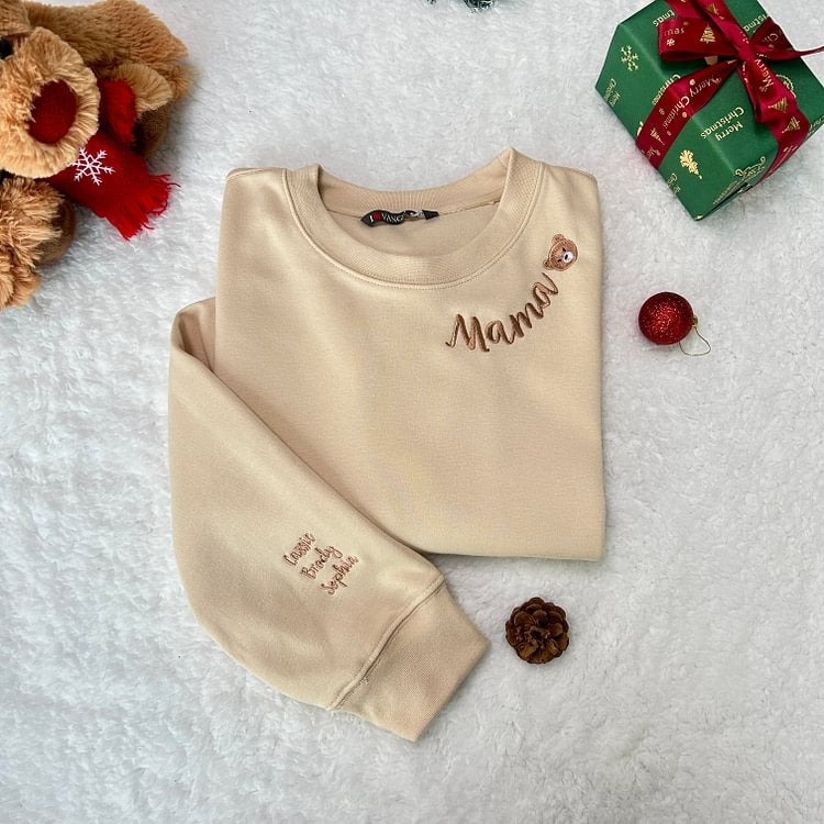 Custom Mama Christmas Embroidered Sweatshirt With Kids Names On Sleeve Personalized Gift For Moms HCMD0400