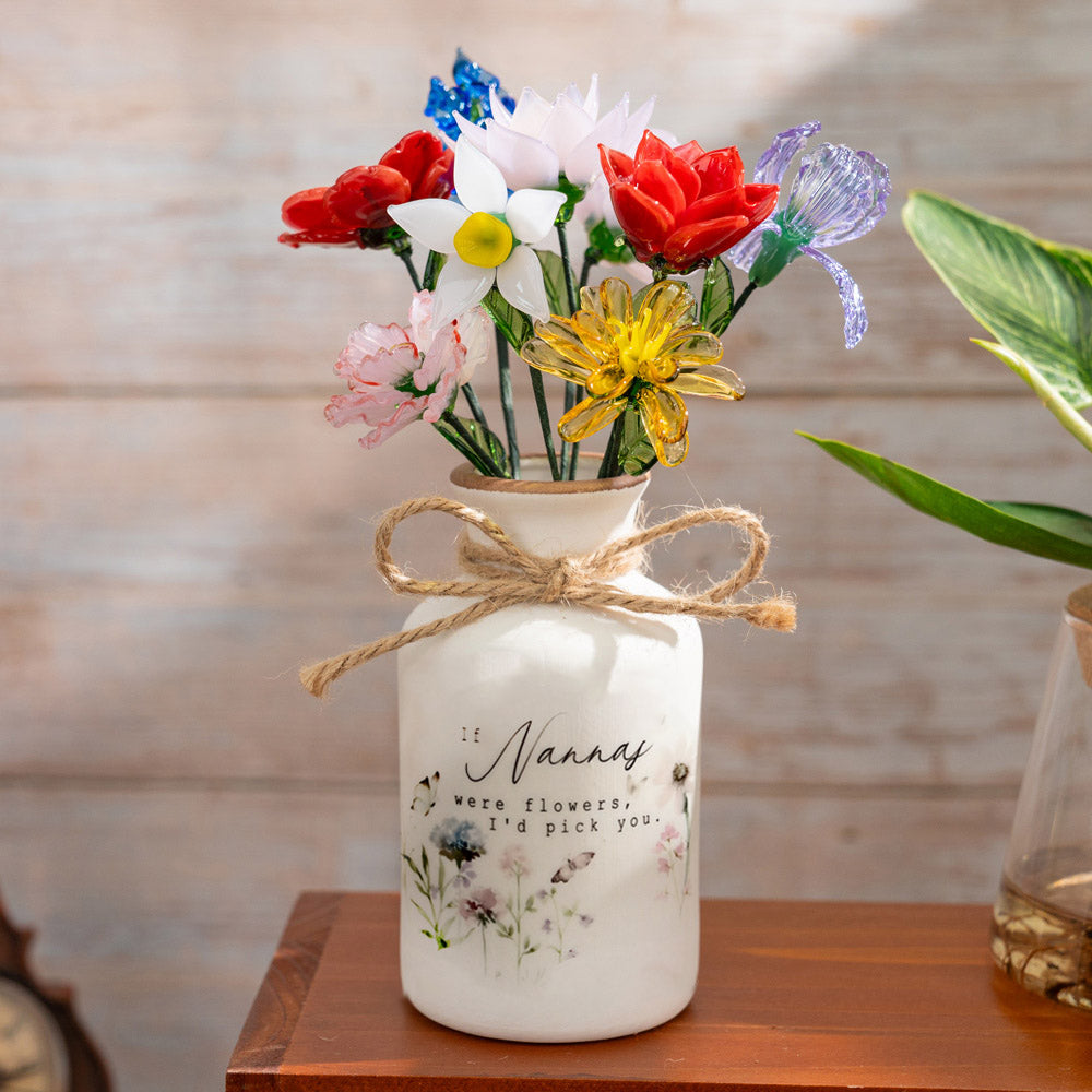 Personalized Floral Ceramic Vase for Mom Grandma Mother's Day Gift(With Glass Flowers) HCMD0299