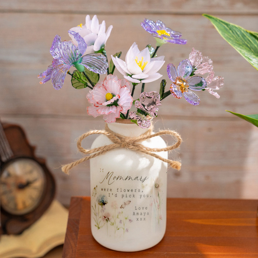 Personalized Floral Ceramic Vase for Mom Grandma Mother's Day Gift(With Glass Flowers) HCMD0299
