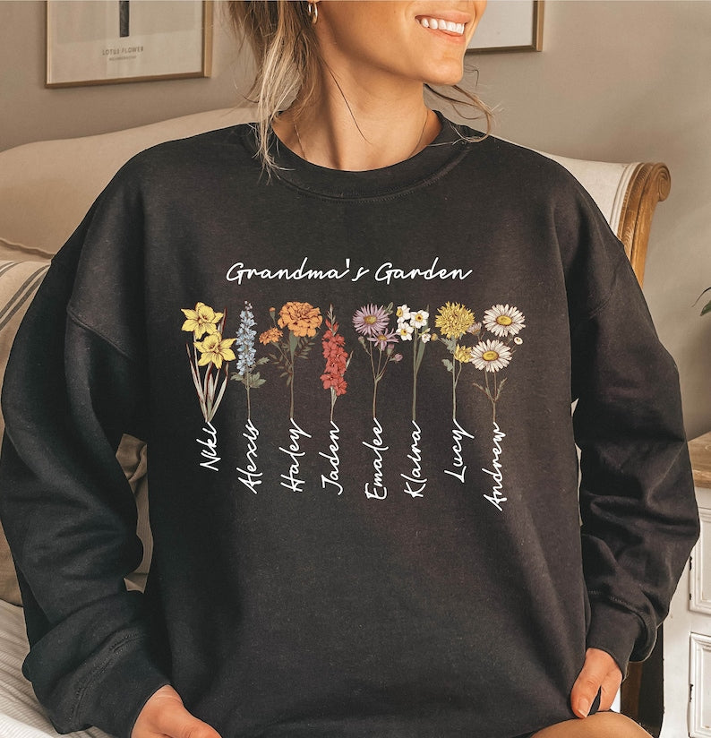 Custom Grandma's Mama's Garden Birth Flower Sweatshirt with Kid's Names HCMD22