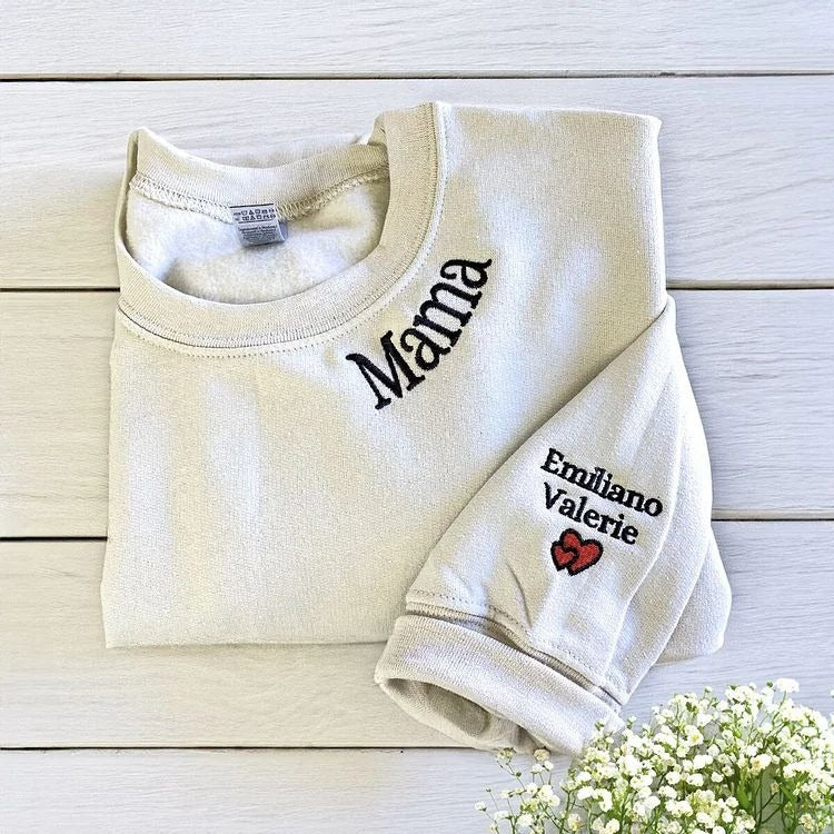 Custom Mama Christmas Embroidered Sweatshirt With Kids Names On Sleeve Personalized Gift For Moms HCMD0400