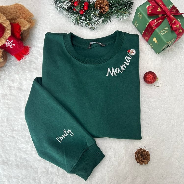 Custom Mama Christmas Embroidered Sweatshirt With Kids Names On Sleeve Personalized Gift For Moms HCMD0400
