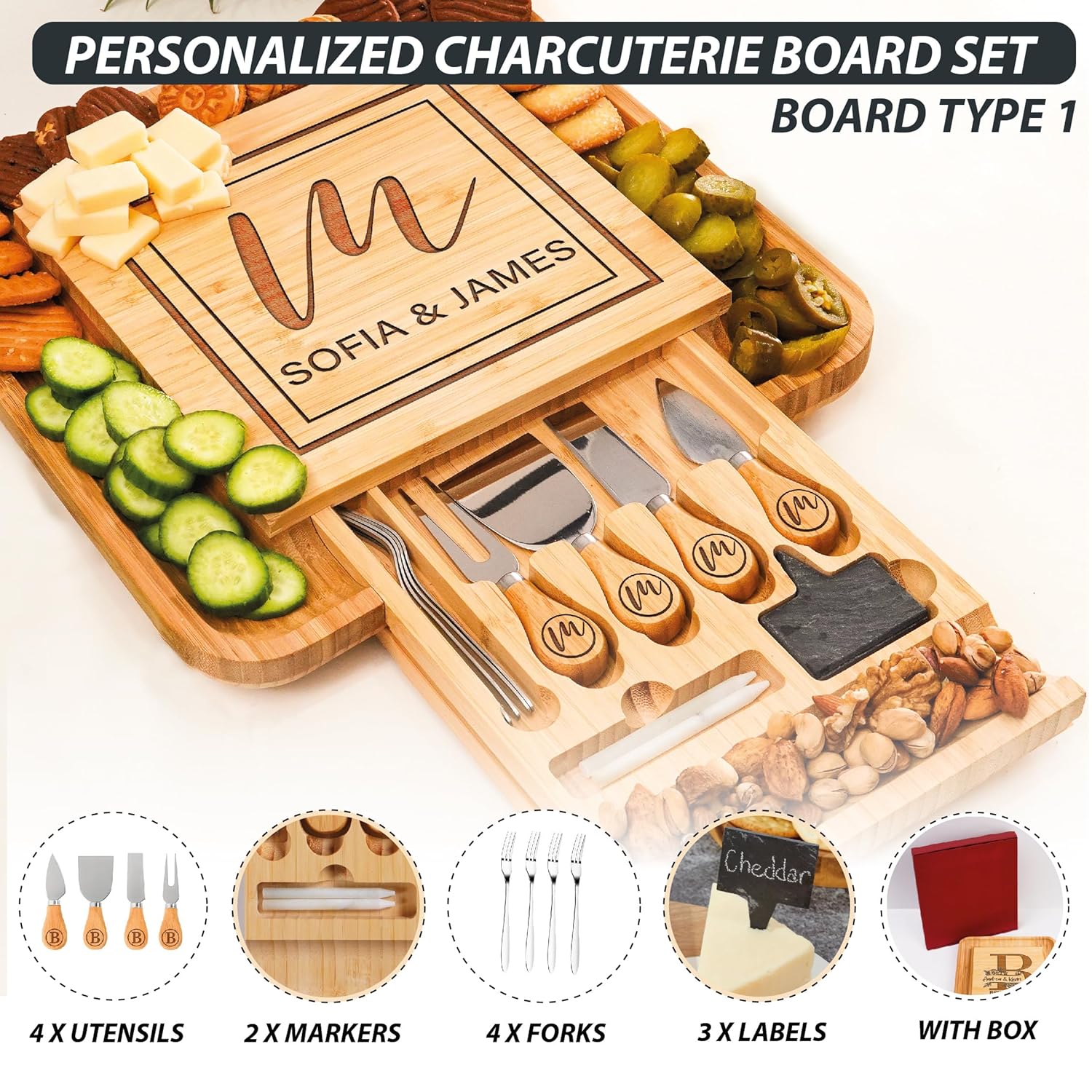 Personalisiertes Charcuterie Board Geschenkset Benutzerdefiniertes großes Käsebrett Weihnachtsgeschenk HCMD0226 