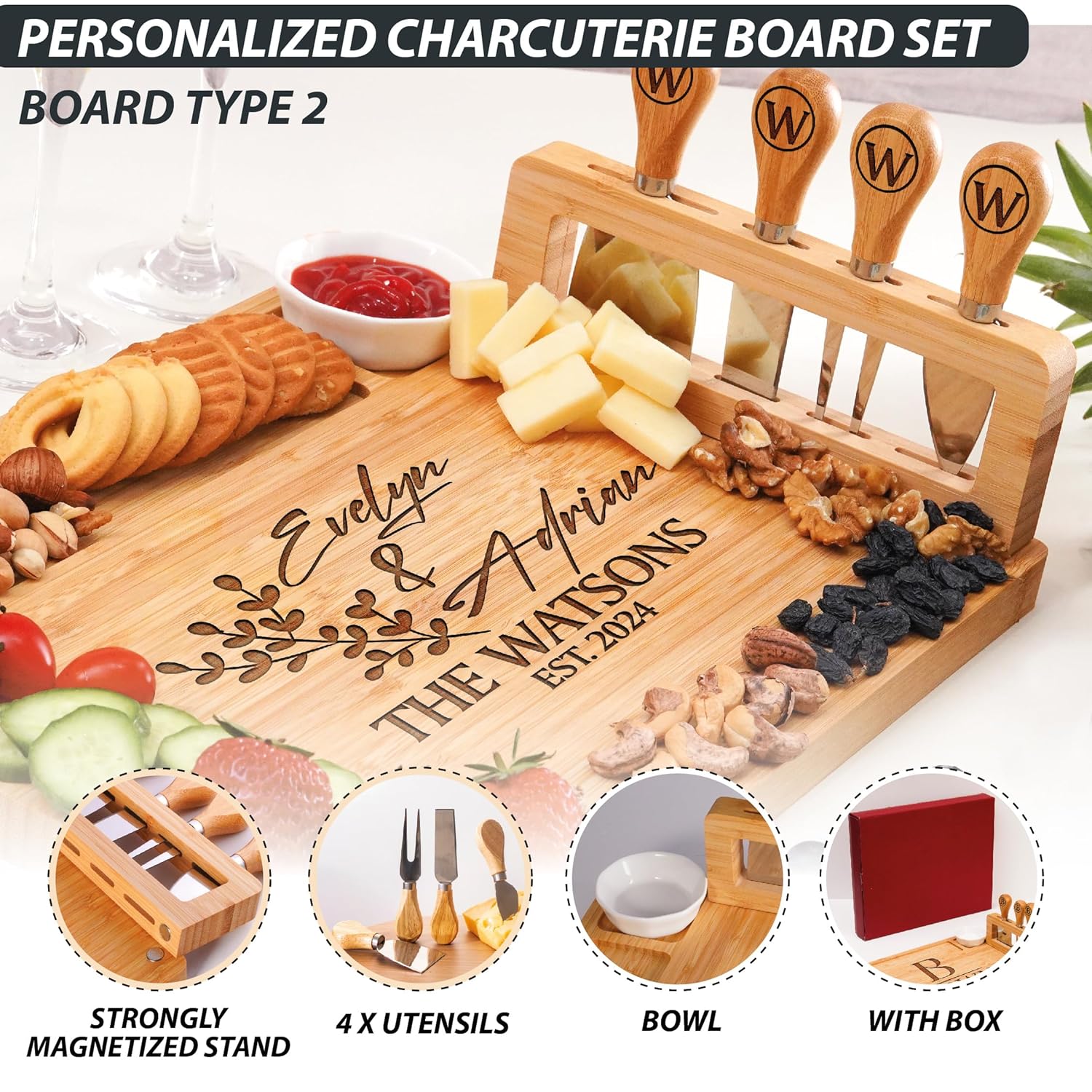 Personalisiertes Charcuterie Board Geschenkset Benutzerdefiniertes großes Käsebrett Weihnachtsgeschenk HCMD0226 