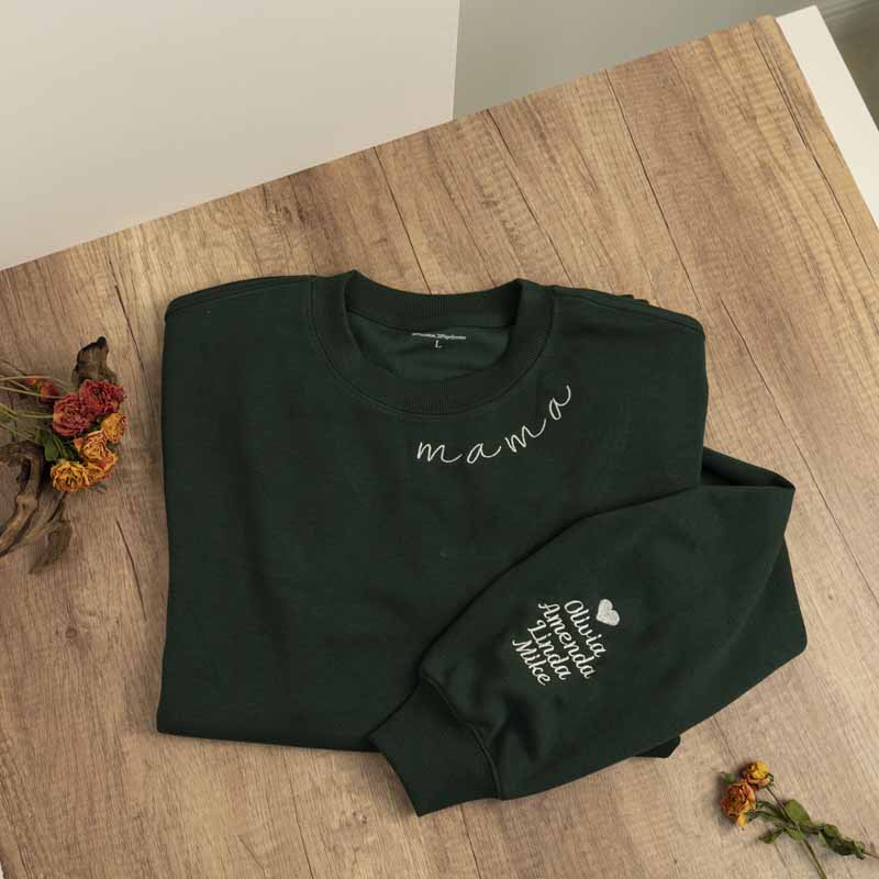 Custom Mama Embroidered Sweatshirt Mom Shirt with Kids Names Sleeve HCMD0112