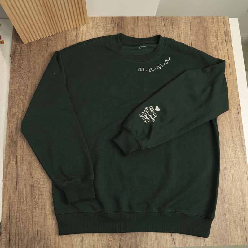 Custom Mama Embroidered Sweatshirt Mom Shirt with Kids Names Sleeve HCMD0112