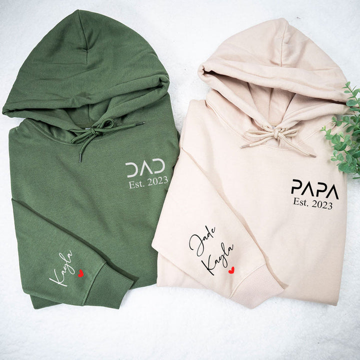 Personalized PAPA EST Sweatshirt Hoodie with Kid's Names On Sleeve Father's Day Gift HCMD0122