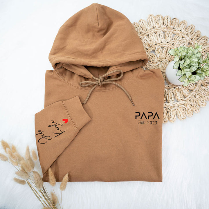 Personalized PAPA EST Sweatshirt Hoodie with Kid's Names On Sleeve Father's Day Gift HCMD0122