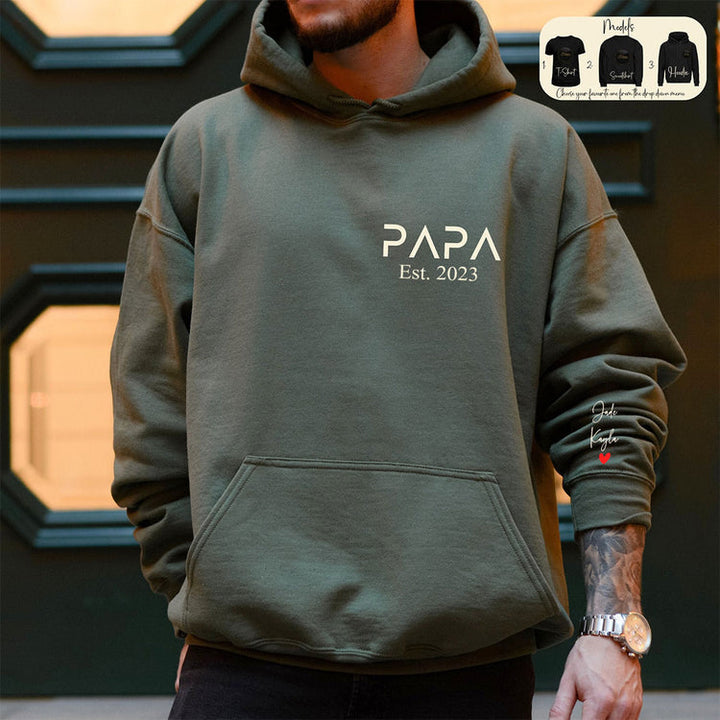 Personalized PAPA EST Sweatshirt Hoodie with Kid's Names On Sleeve Father's Day Gift HCMD0122