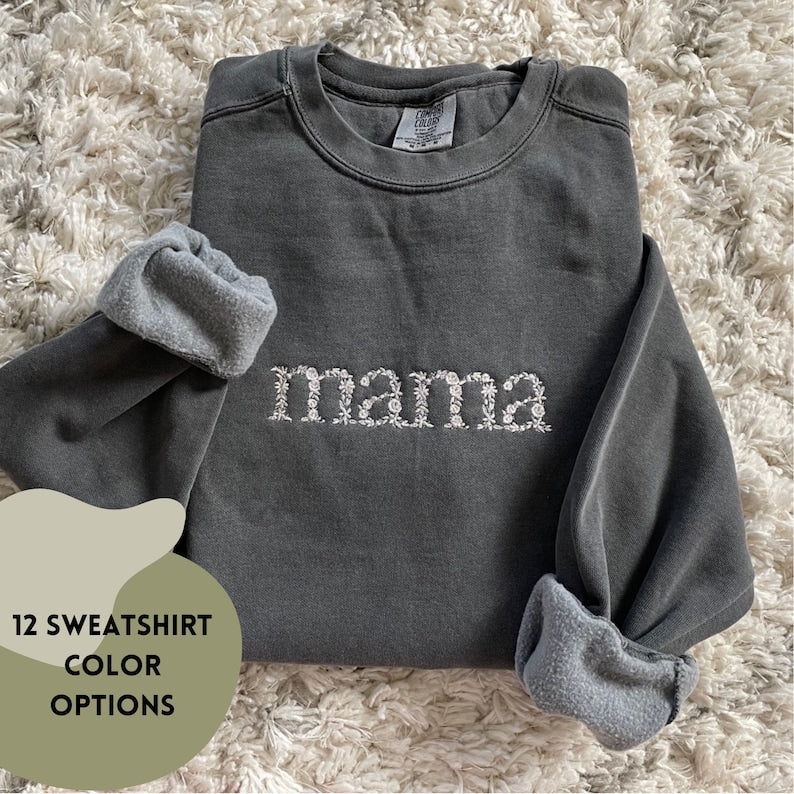 Personalized Floral Mama Embroidered Sweatshirt with Kid Names on Sleeve Mother's Day Gift HCMD0050