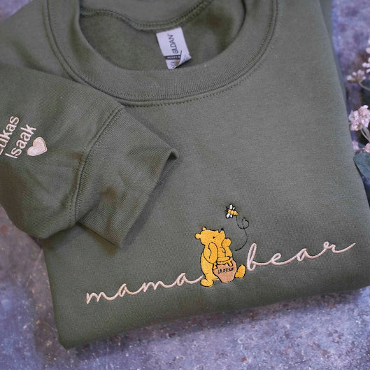 Custom Mama Bear Embroidered Sweatshirt with Kid Name on Sleeve,Mothers Day Gift