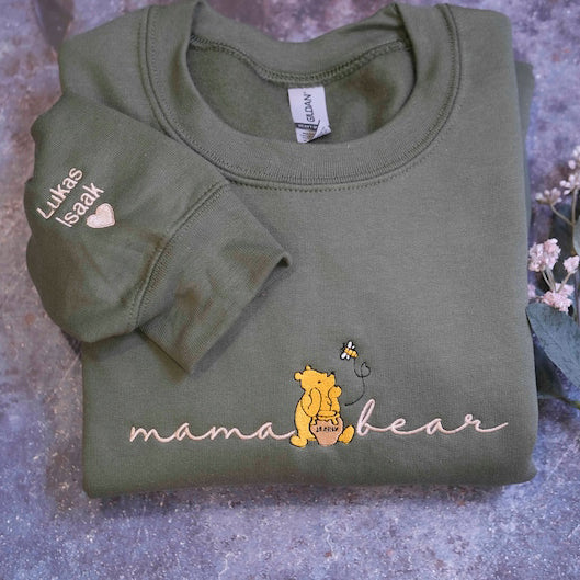Custom Mama Bear Embroidered Sweatshirt with Kid Name on Sleeve,Mothers Day Gift