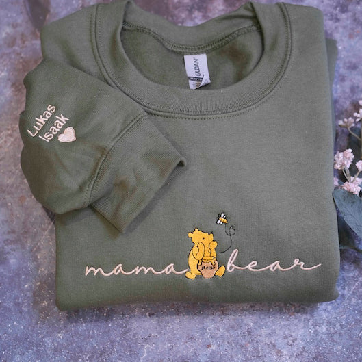 Custom Mama Bear Embroidered Sweatshirt with Kid Name on Sleeve,Mothers Day Gift