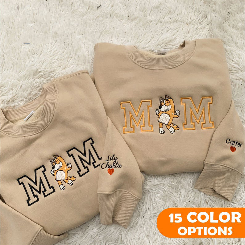 Personalized Mother Blue Dog Embroidered Sweatshirt Mother's Day Embroidered Sweatshirt HCMD0049