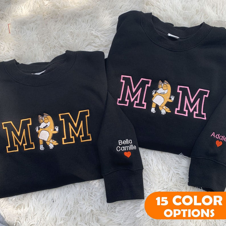 Personalized Mother Blue Dog Embroidered Sweatshirt Mother's Day Embroidered Sweatshirt HCMD0049