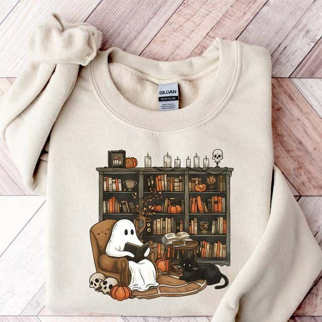 Retro Ghost Reading Books Sweatshirt Halloween Shirt HCMD0314