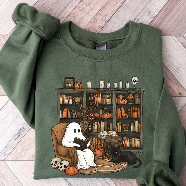 Retro Ghost Reading Books Sweatshirt Halloween Shirt HCMD0314