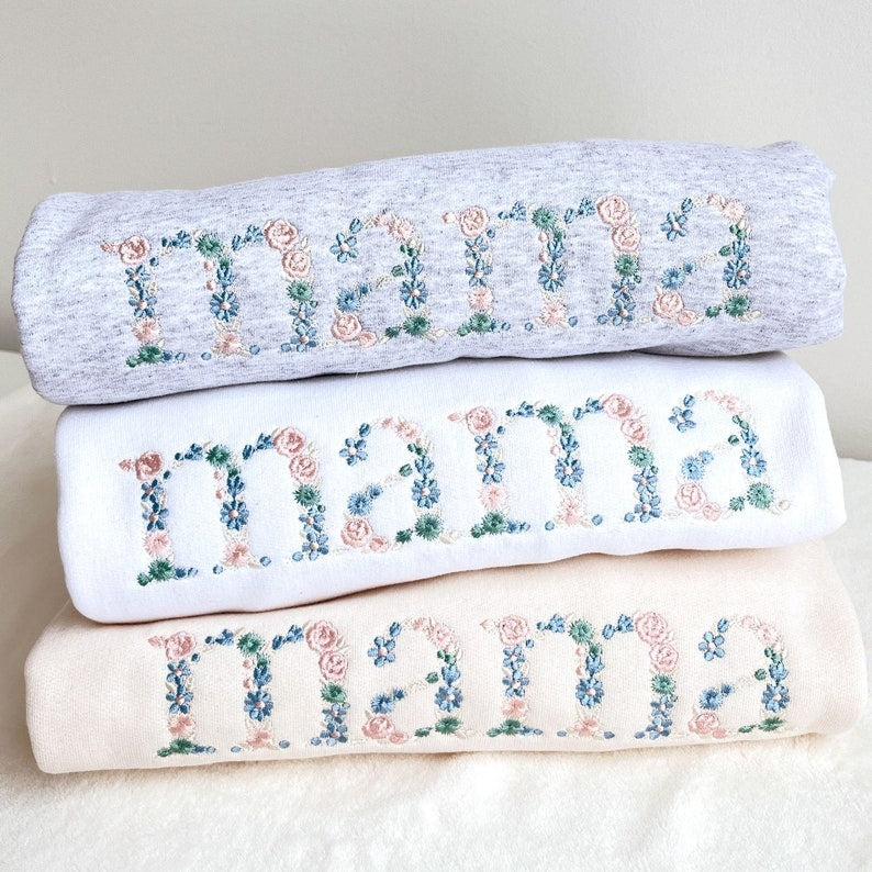 Personalized Floral Mama Embroidered Sweatshirt with Kid Names on Sleeve Mother's Day Gift HCMD0050