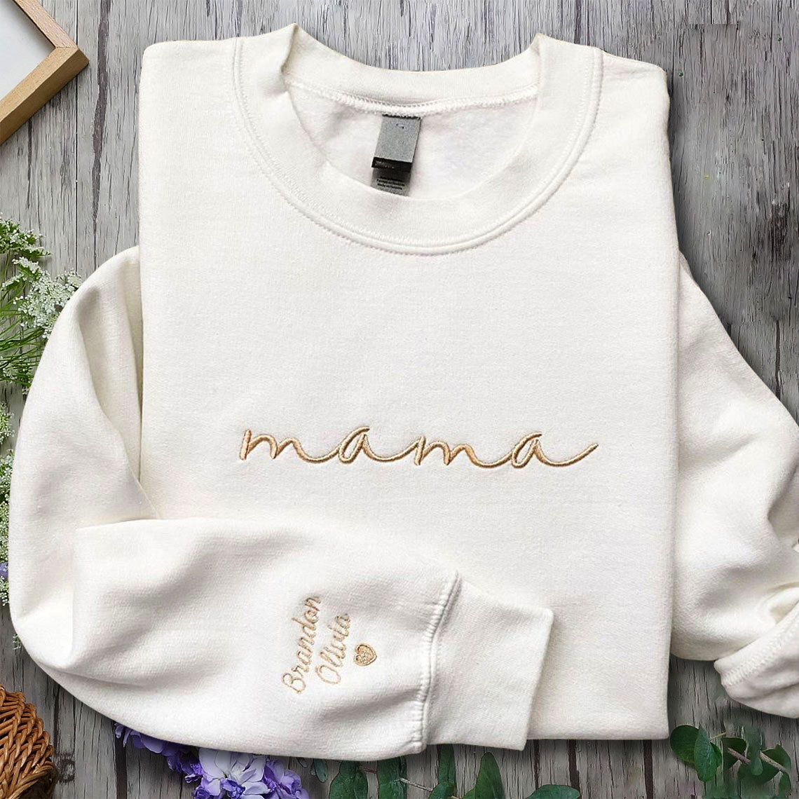 Hugcustom Custom Mama Embroidered Sweatshirt Mom Shirt with Kids Names Sleeve CEMS1101