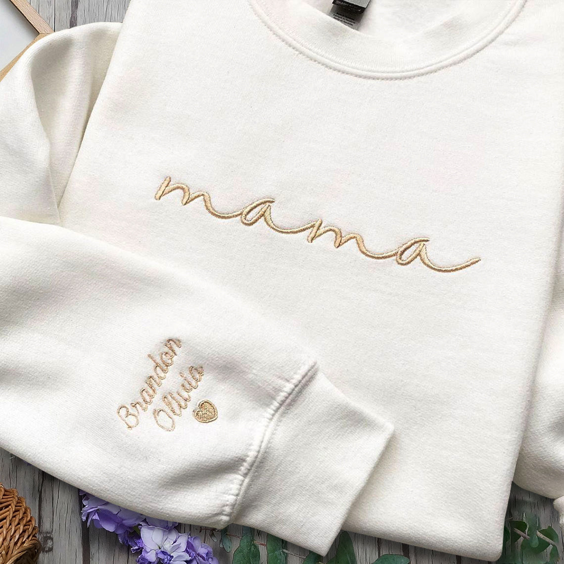 Hugcustom Custom Mama Embroidered Sweatshirt Mom Shirt with Kids Names Sleeve CEMS1101