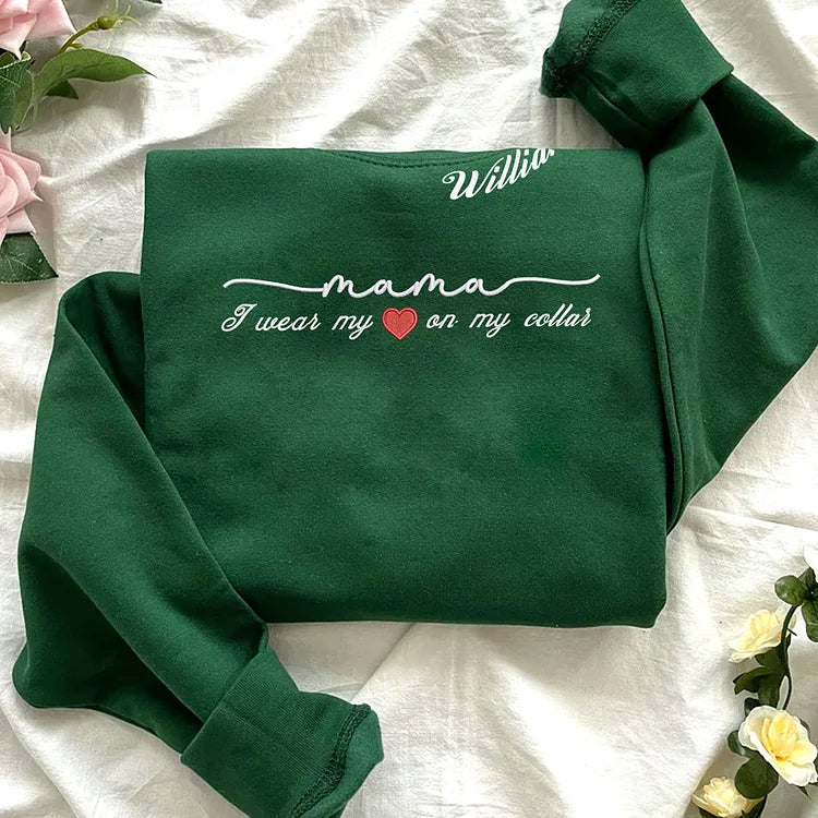 Custom I Wear My Heart On My Collar Mama Sweatshirt with Kids Name on Sleeve CEMS1109