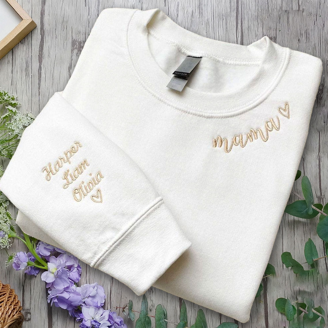 Custom Mama Embroidered Sweatshirt Mom Shirt with Kids Names Sleeve CEMS1104