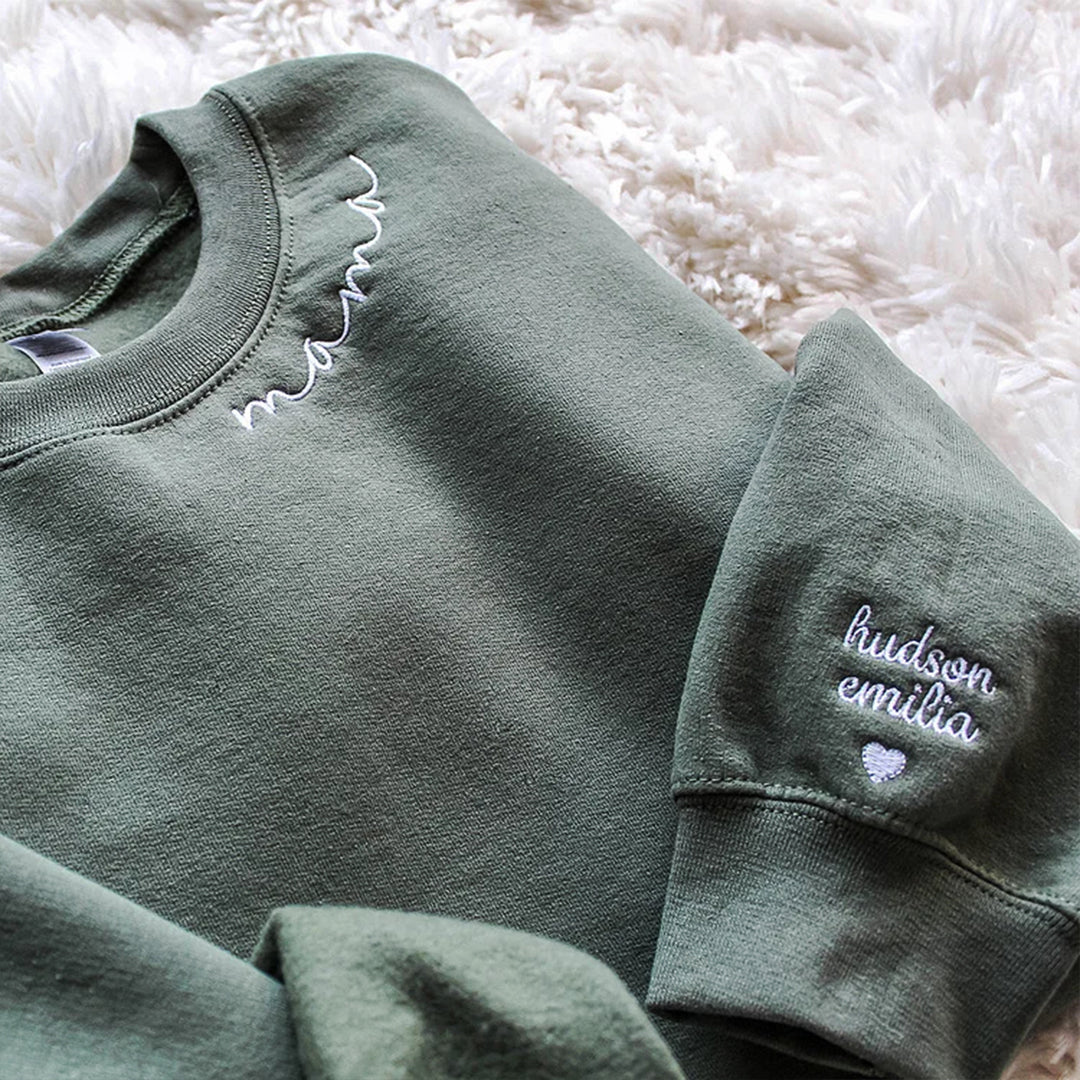 Custom Mama Embroidered Sweatshirt with Family Members' Names on Sleeves CEMS1201B